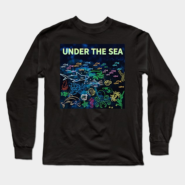 under the sea,blue sea,sea creatures,Turtle, puffer fish, starfish, shrimp, shark, tropical fish, sea horse, seaweed, sardines, squid, crabs, clams Long Sleeve T-Shirt by zzzozzo